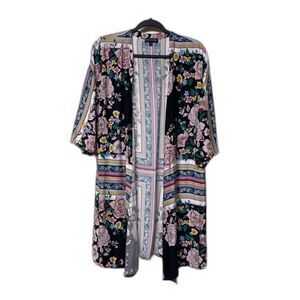 P.J. SALVAGE Floral/Stripe Scarf Pattern Open Front Kimono, Sz S